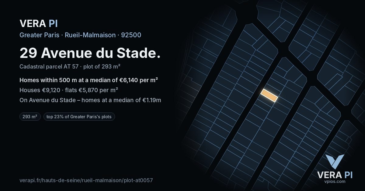 29 Avenue du Stade, Rueil-Malmaison at night – the plot lit, the parcels around coloured by the prices near them