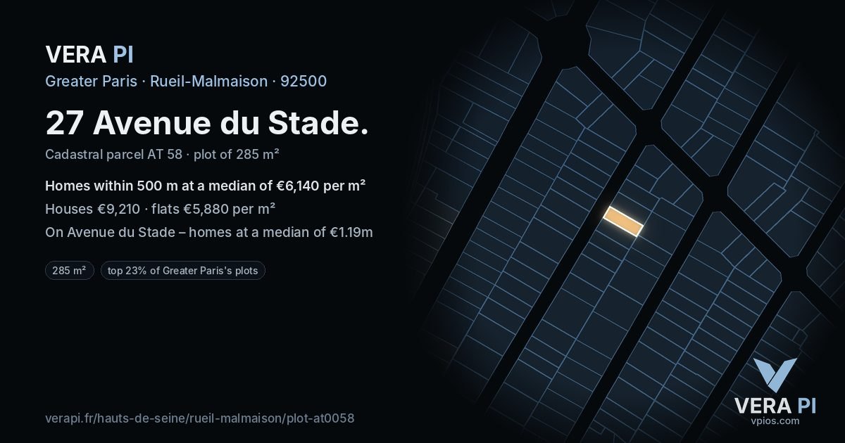 27 Avenue du Stade, Rueil-Malmaison at night – the plot lit, the parcels around coloured by the prices near them