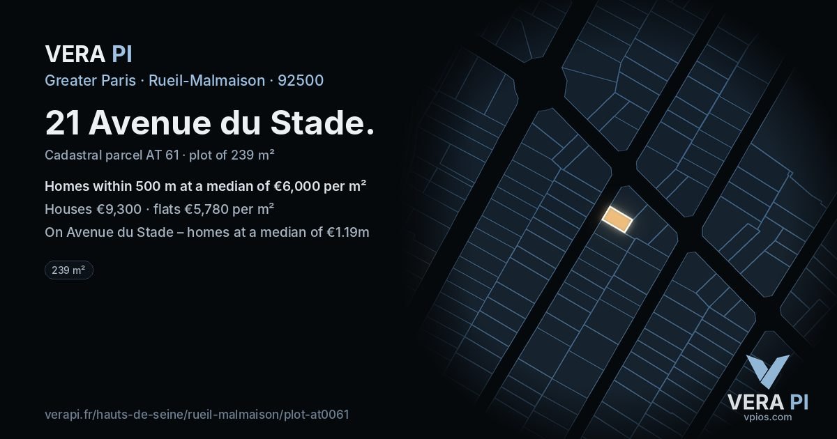 21 Avenue du Stade, Rueil-Malmaison at night – the plot lit, the parcels around coloured by the prices near them