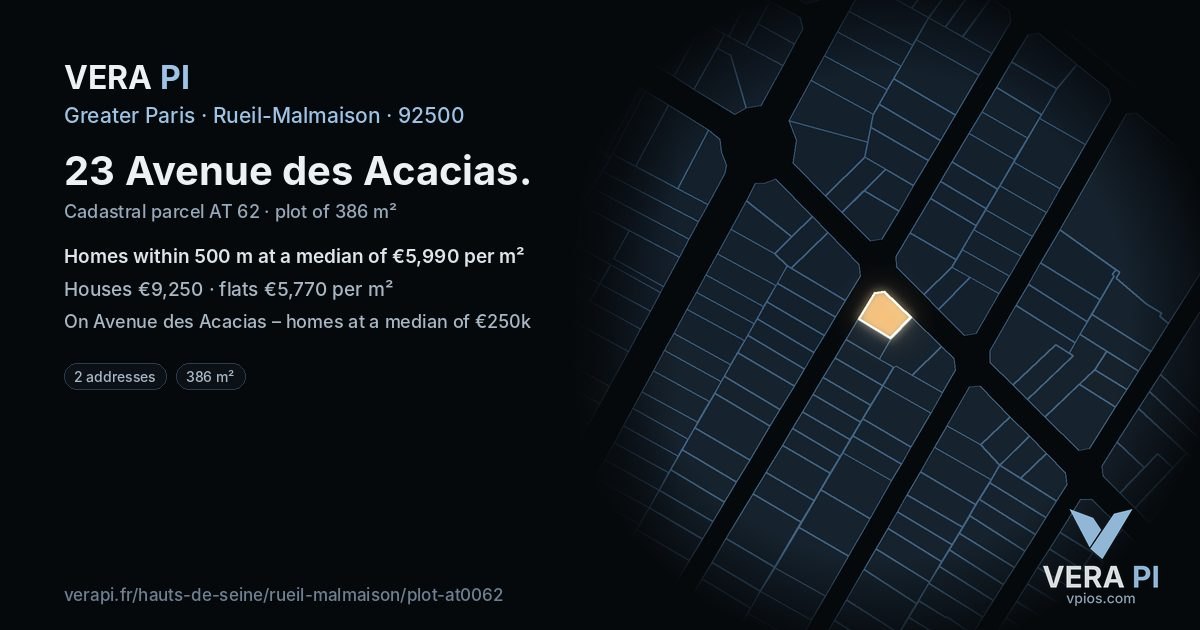 23 Avenue des Acacias, Rueil-Malmaison at night – the plot lit, the parcels around coloured by the prices near them