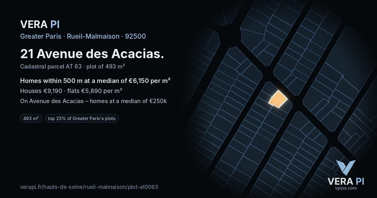 21 Avenue des Acacias, Rueil-Malmaison at night – the plot lit, the parcels around coloured by the prices near them