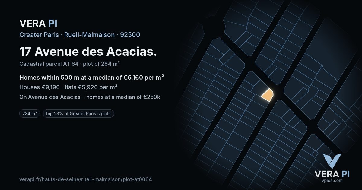 17 Avenue des Acacias, Rueil-Malmaison at night – the plot lit, the parcels around coloured by the prices near them