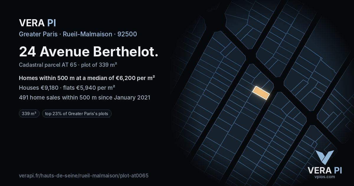 24 Avenue Berthelot, Rueil-Malmaison at night – the plot lit, the parcels around coloured by the prices near them