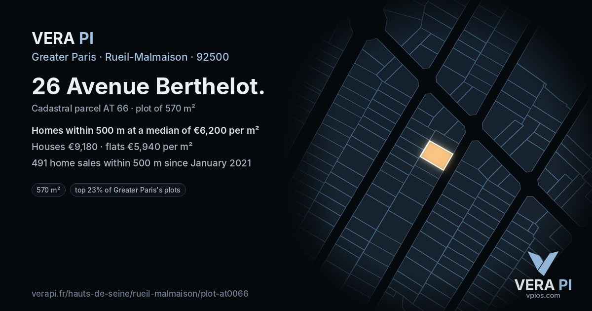 26 Avenue Berthelot, Rueil-Malmaison at night – the plot lit, the parcels around coloured by the prices near them