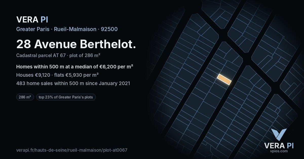 28 Avenue Berthelot, Rueil-Malmaison at night – the plot lit, the parcels around coloured by the prices near them