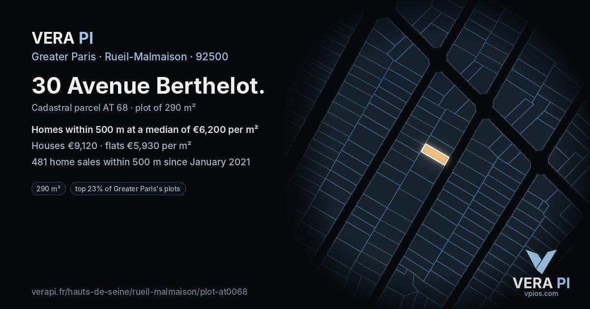 30 Avenue Berthelot, Rueil-Malmaison at night – the plot lit, the parcels around coloured by the prices near them