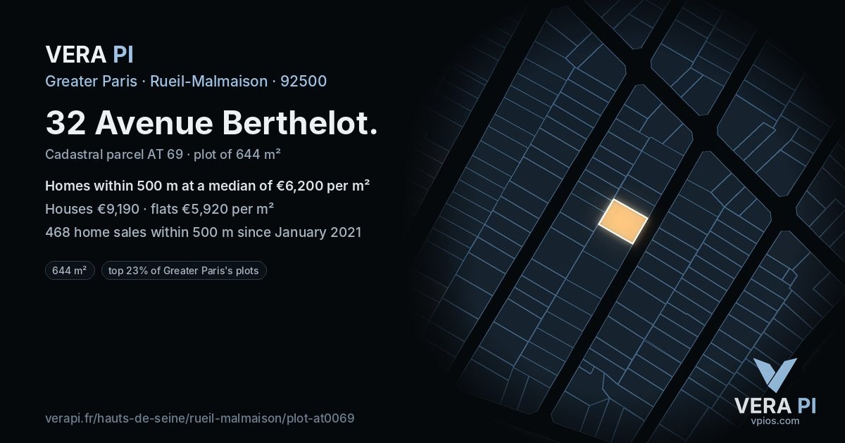 32 Avenue Berthelot, Rueil-Malmaison at night – the plot lit, the parcels around coloured by the prices near them