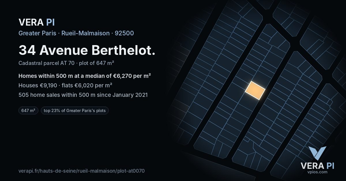 34 Avenue Berthelot, Rueil-Malmaison at night – the plot lit, the parcels around coloured by the prices near them