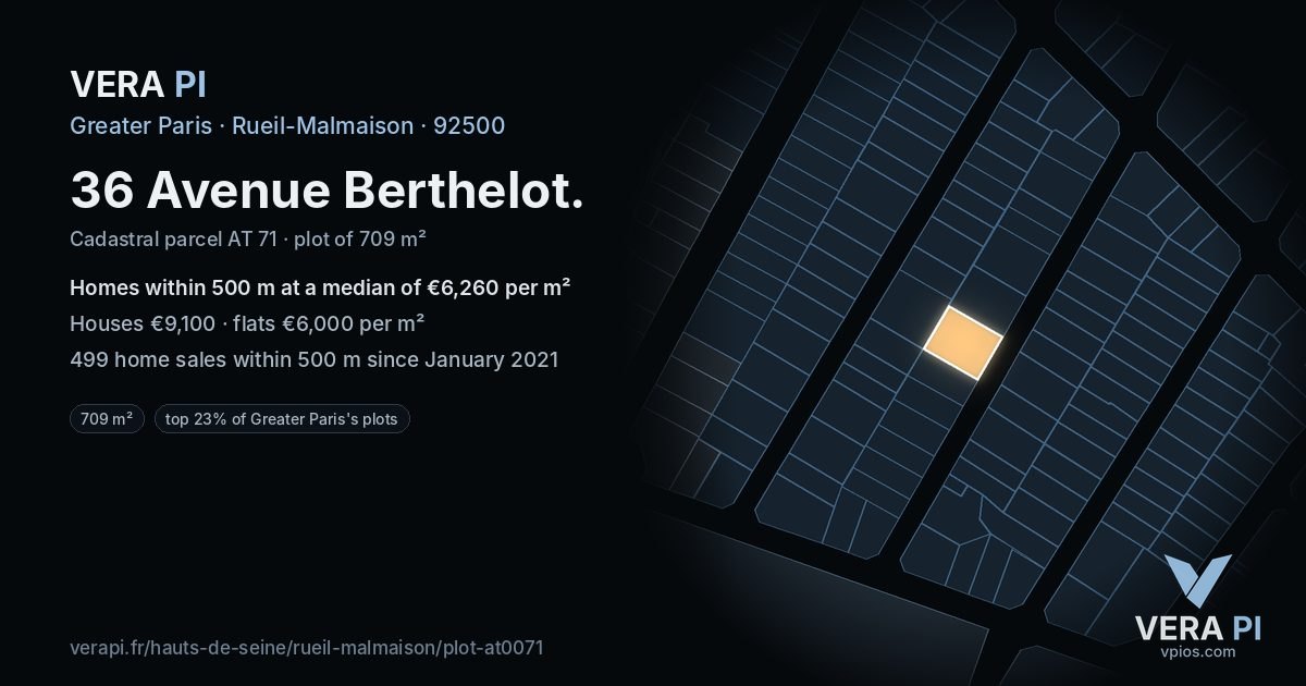 36 Avenue Berthelot, Rueil-Malmaison at night – the plot lit, the parcels around coloured by the prices near them