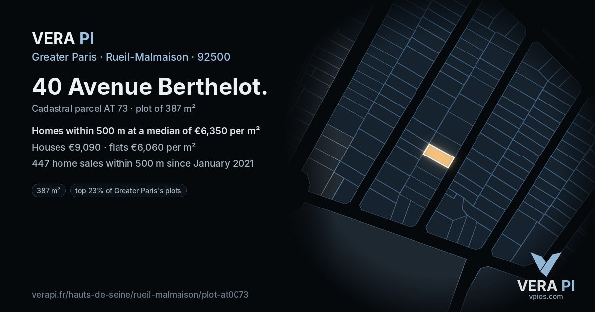40 Avenue Berthelot, Rueil-Malmaison at night – the plot lit, the parcels around coloured by the prices near them