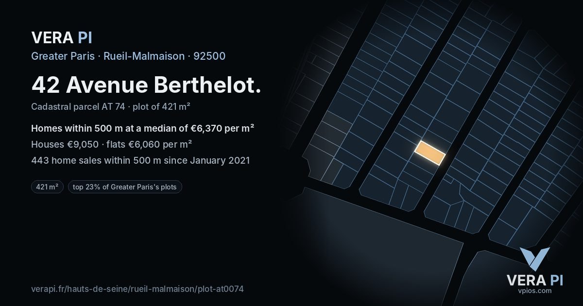 42 Avenue Berthelot, Rueil-Malmaison at night – the plot lit, the parcels around coloured by the prices near them