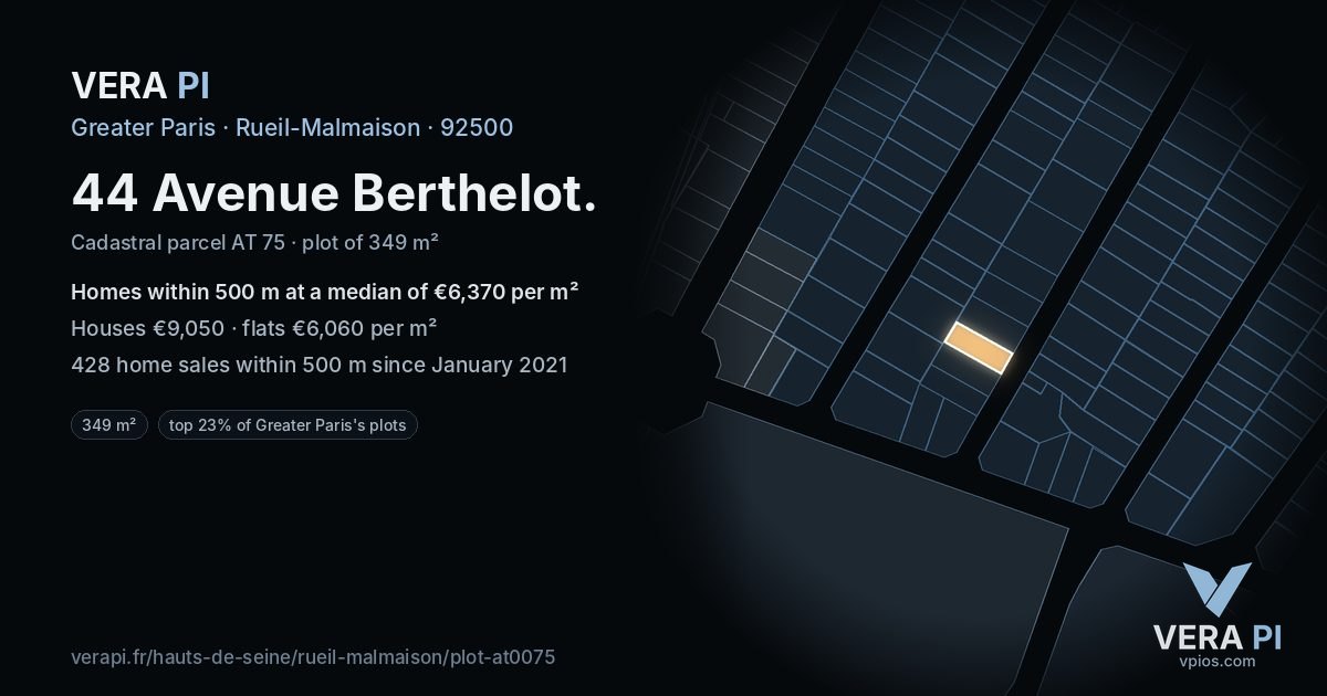 44 Avenue Berthelot, Rueil-Malmaison at night – the plot lit, the parcels around coloured by the prices near them