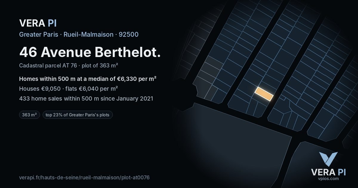 46 Avenue Berthelot, Rueil-Malmaison at night – the plot lit, the parcels around coloured by the prices near them