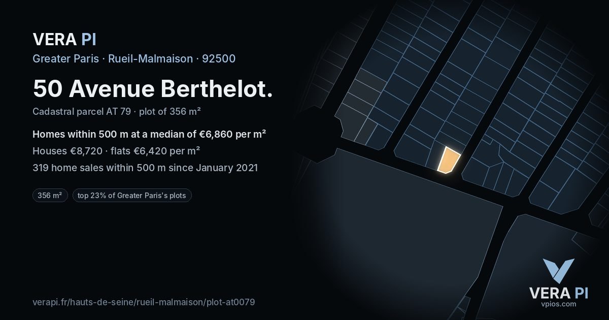 50 Avenue Berthelot, Rueil-Malmaison at night – the plot lit, the parcels around coloured by the prices near them