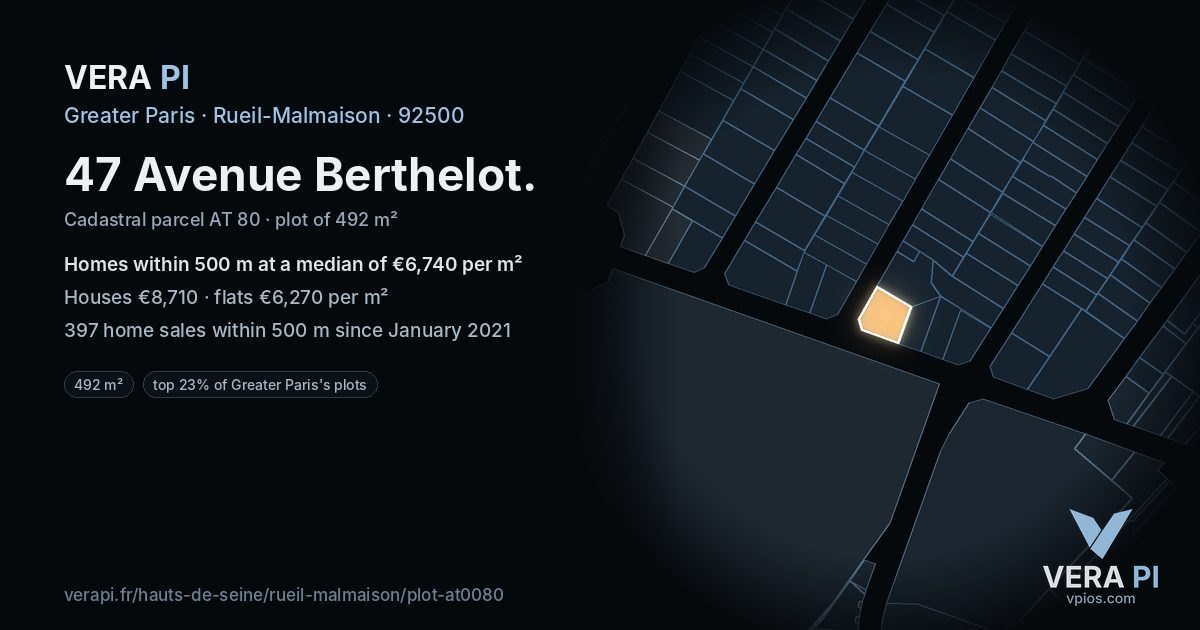 47 Avenue Berthelot, Rueil-Malmaison at night – the plot lit, the parcels around coloured by the prices near them