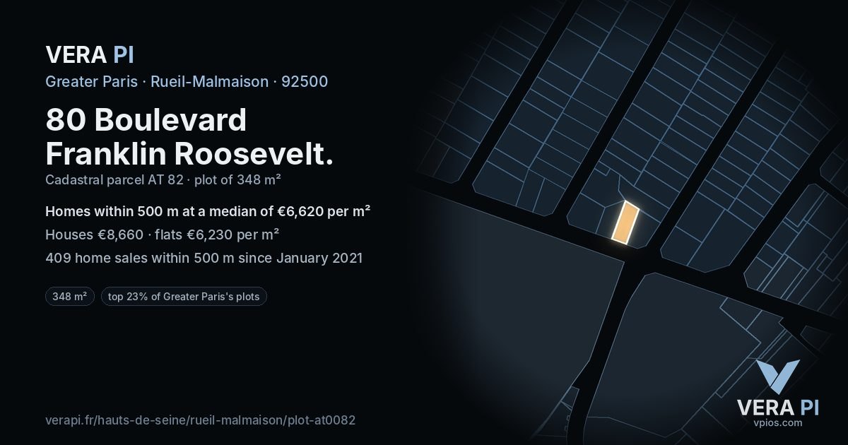 80 Boulevard Franklin Roosevelt, Rueil-Malmaison at night – the plot lit, the parcels around coloured by the prices near them