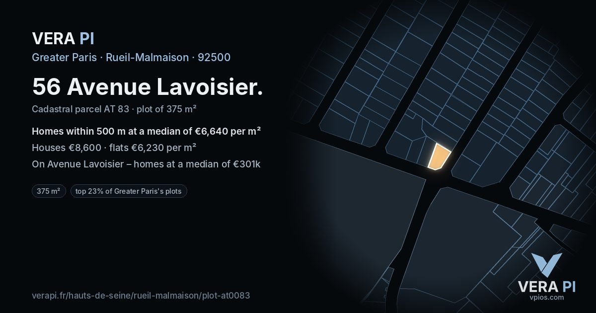 56 Avenue Lavoisier, Rueil-Malmaison at night – the plot lit, the parcels around coloured by the prices near them