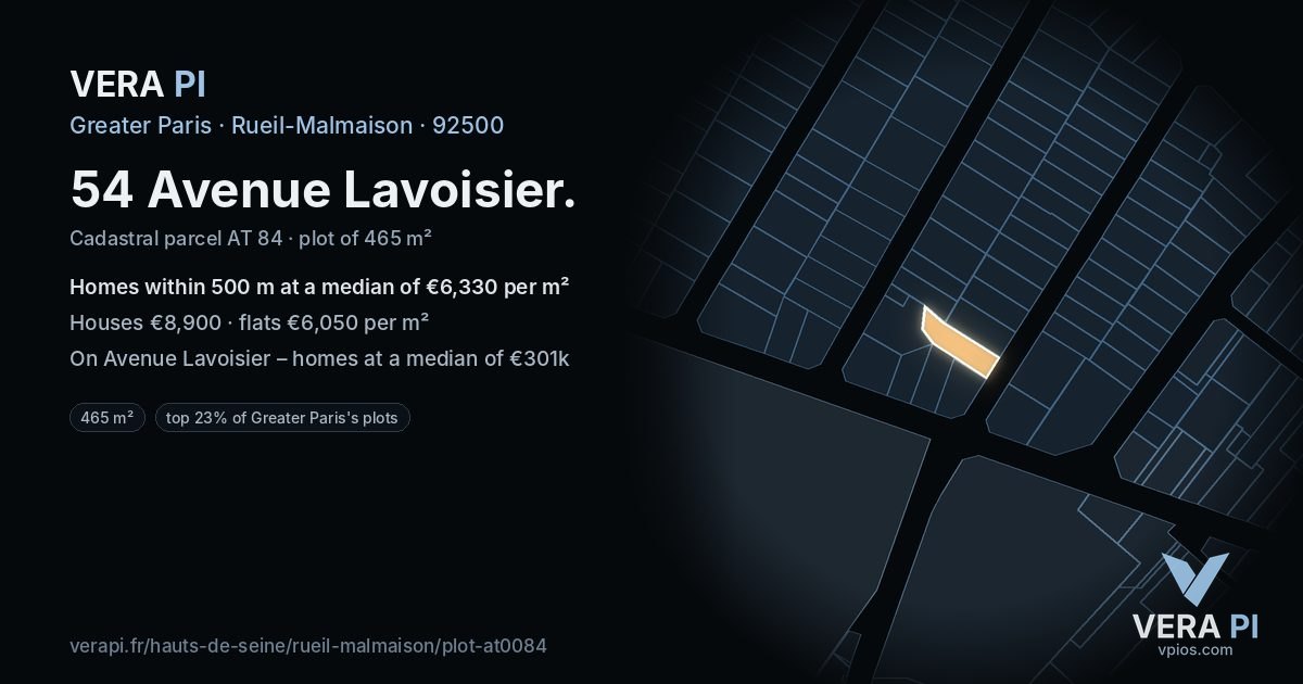 54 Avenue Lavoisier, Rueil-Malmaison at night – the plot lit, the parcels around coloured by the prices near them