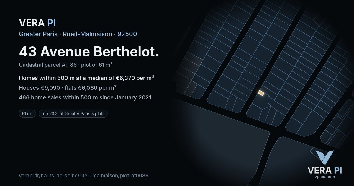 43 Avenue Berthelot, Rueil-Malmaison at night – the plot lit, the parcels around coloured by the prices near them