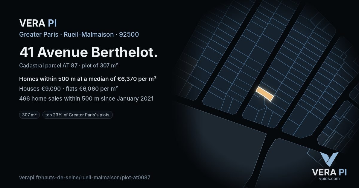 41 Avenue Berthelot, Rueil-Malmaison at night – the plot lit, the parcels around coloured by the prices near them