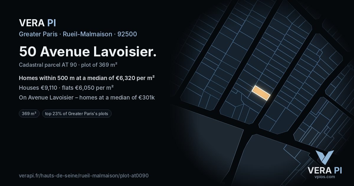 50 Avenue Lavoisier, Rueil-Malmaison at night – the plot lit, the parcels around coloured by the prices near them