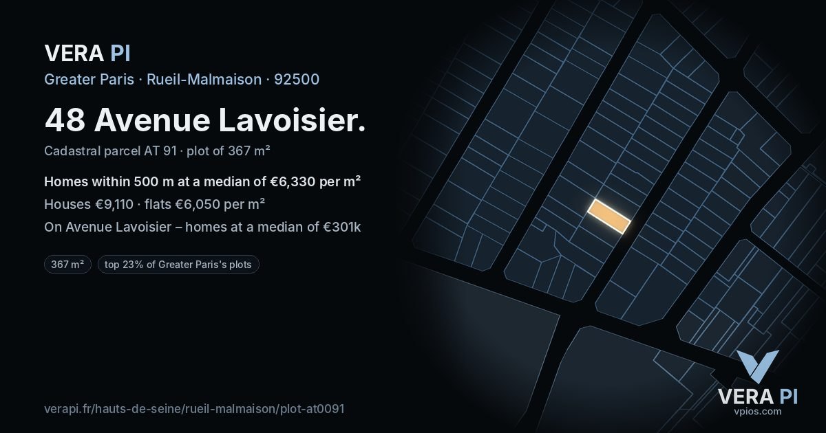 48 Avenue Lavoisier, Rueil-Malmaison at night – the plot lit, the parcels around coloured by the prices near them