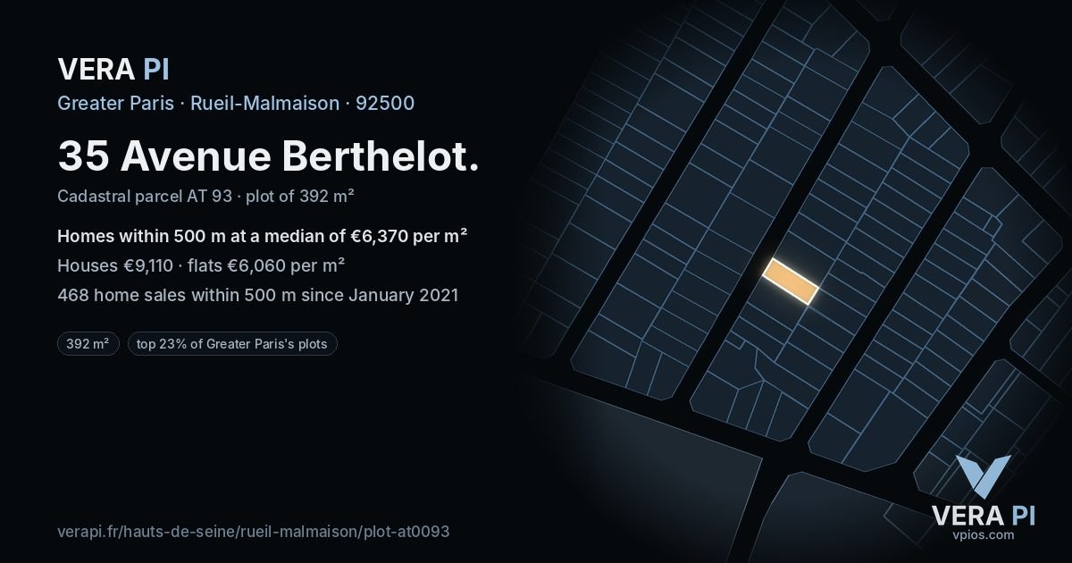 35 Avenue Berthelot, Rueil-Malmaison at night – the plot lit, the parcels around coloured by the prices near them