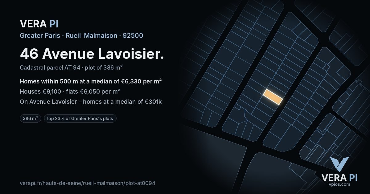 46 Avenue Lavoisier, Rueil-Malmaison at night – the plot lit, the parcels around coloured by the prices near them