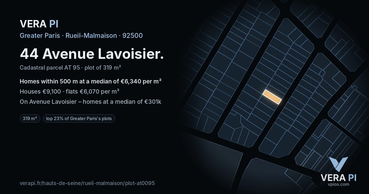 44 Avenue Lavoisier, Rueil-Malmaison at night – the plot lit, the parcels around coloured by the prices near them