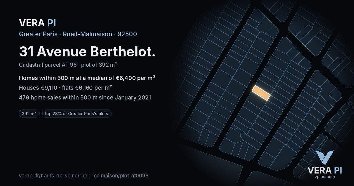 31 Avenue Berthelot, Rueil-Malmaison at night – the plot lit, the parcels around coloured by the prices near them
