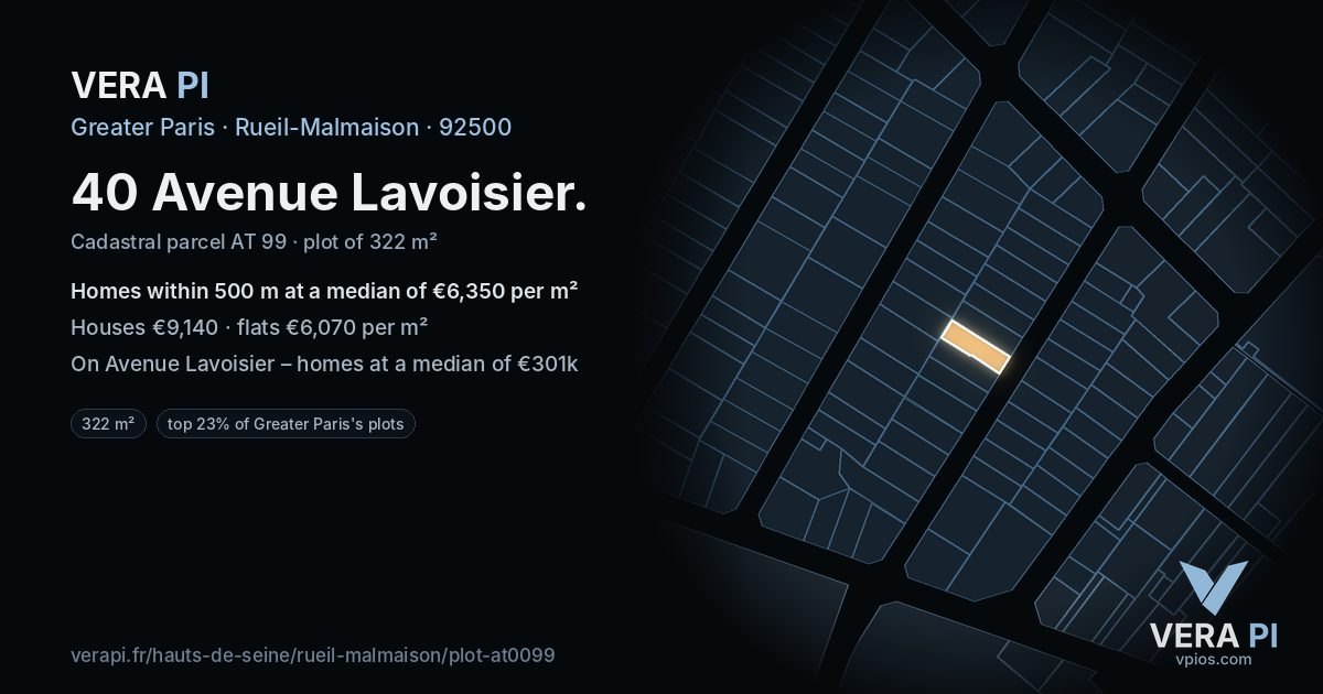 40 Avenue Lavoisier, Rueil-Malmaison at night – the plot lit, the parcels around coloured by the prices near them