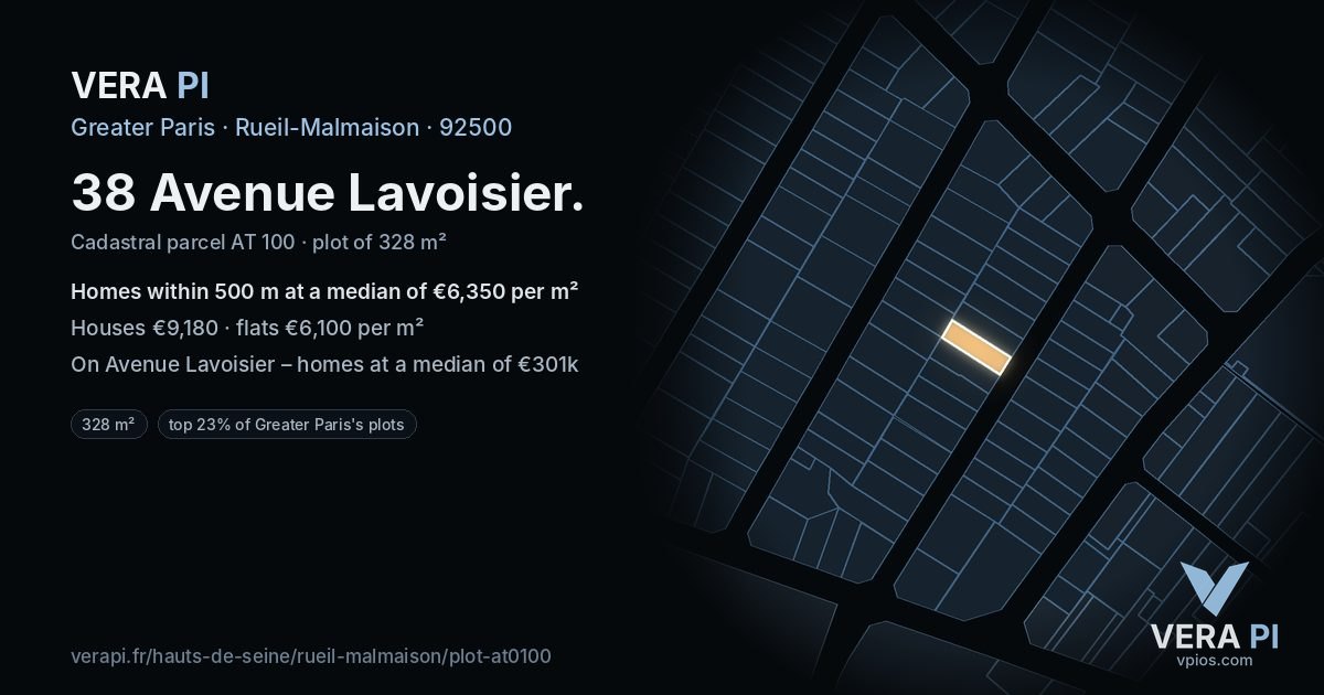38 Avenue Lavoisier, Rueil-Malmaison at night – the plot lit, the parcels around coloured by the prices near them