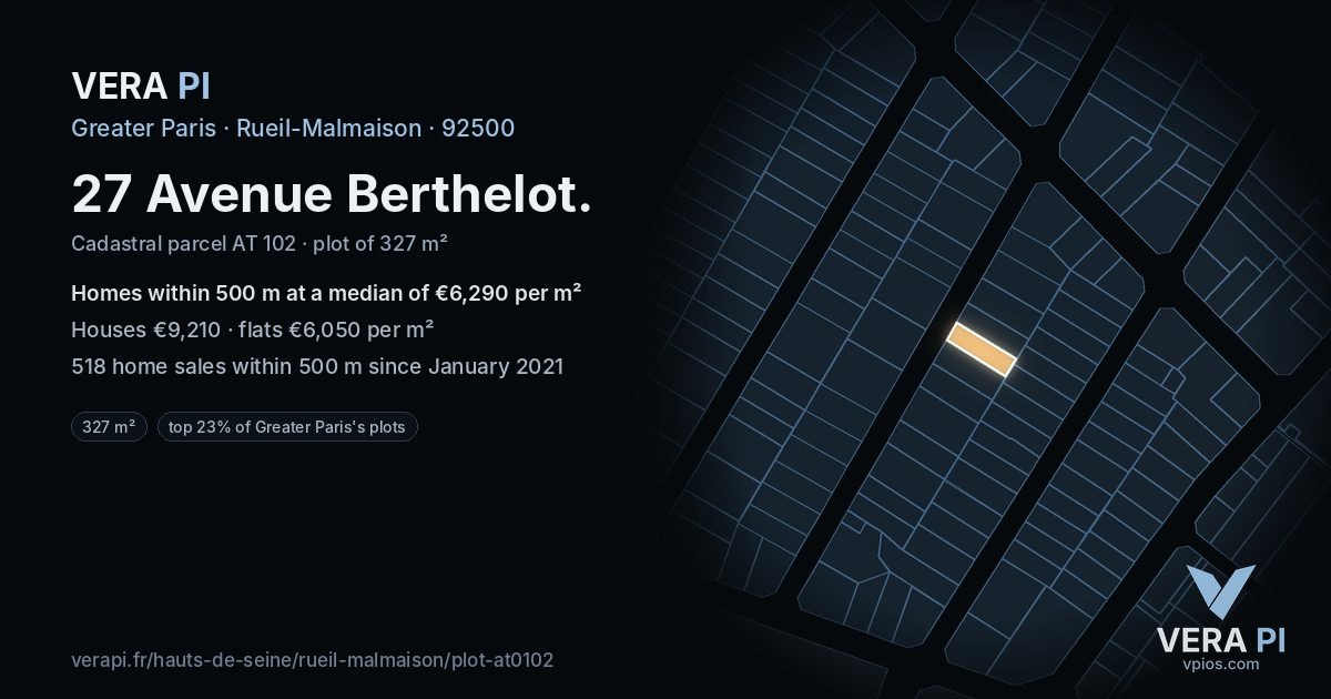 27 Avenue Berthelot, Rueil-Malmaison at night – the plot lit, the parcels around coloured by the prices near them
