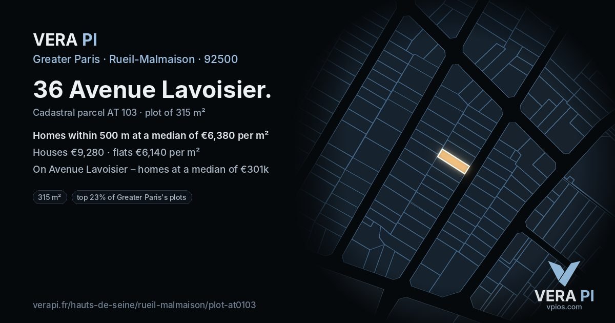 36 Avenue Lavoisier, Rueil-Malmaison at night – the plot lit, the parcels around coloured by the prices near them