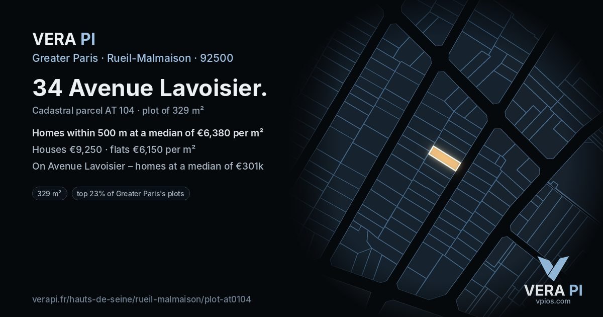 34 Avenue Lavoisier, Rueil-Malmaison at night – the plot lit, the parcels around coloured by the prices near them