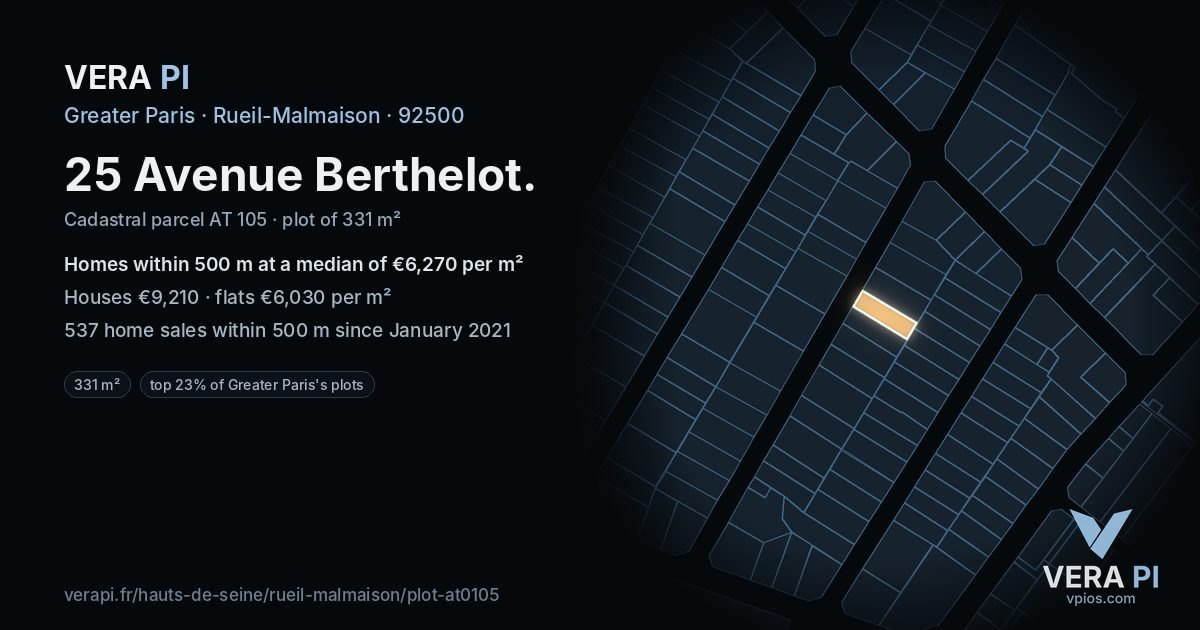 25 Avenue Berthelot, Rueil-Malmaison at night – the plot lit, the parcels around coloured by the prices near them