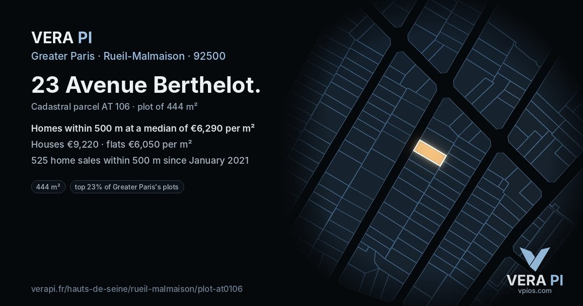 23 Avenue Berthelot, Rueil-Malmaison at night – the plot lit, the parcels around coloured by the prices near them