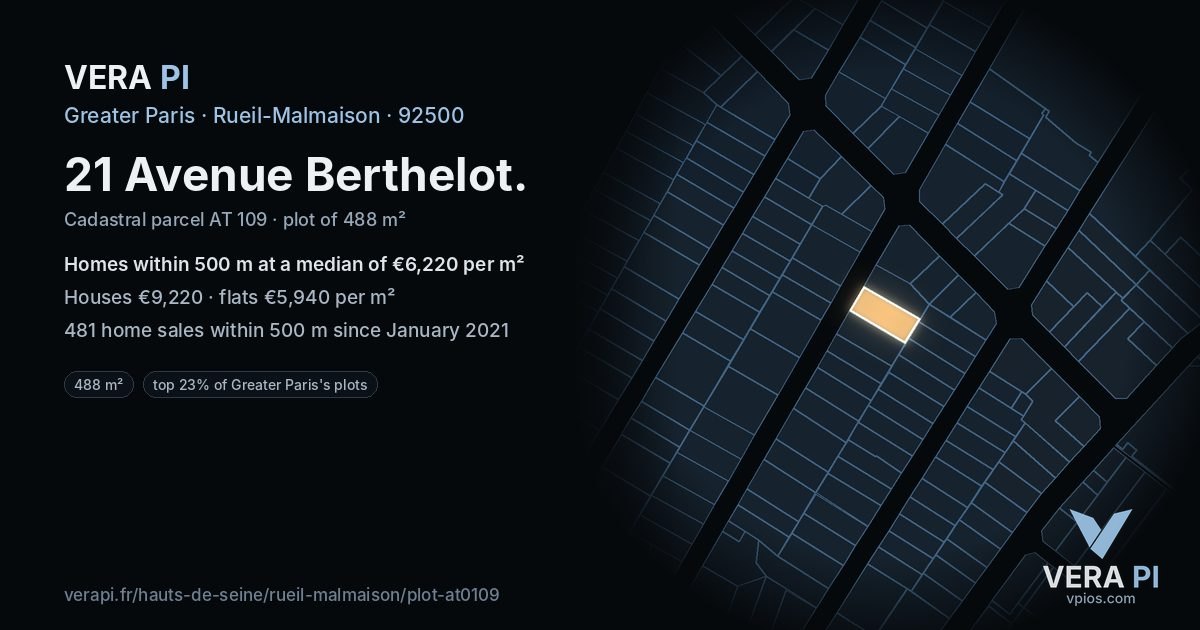 21 Avenue Berthelot, Rueil-Malmaison at night – the plot lit, the parcels around coloured by the prices near them