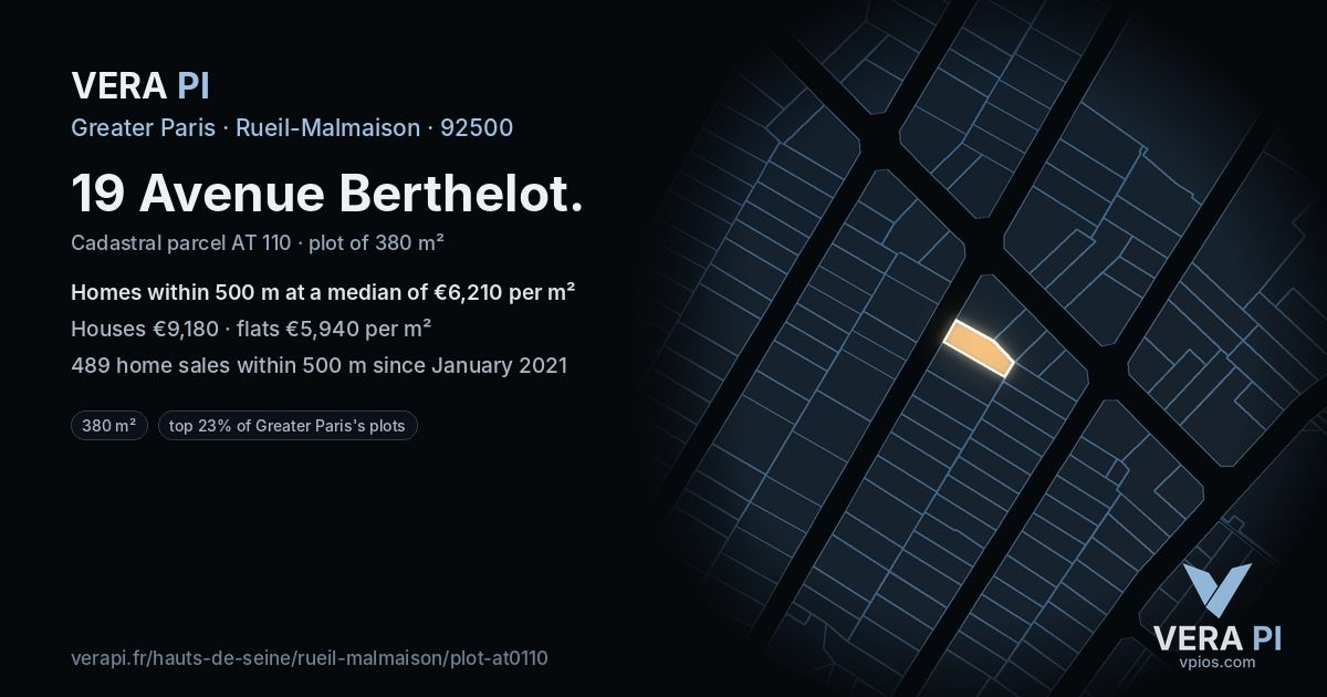 19 Avenue Berthelot, Rueil-Malmaison at night – the plot lit, the parcels around coloured by the prices near them