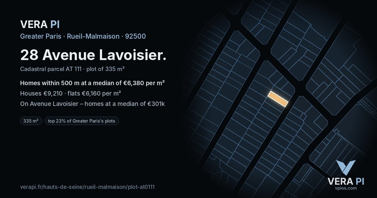 28 Avenue Lavoisier, Rueil-Malmaison at night – the plot lit, the parcels around coloured by the prices near them
