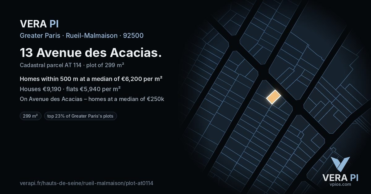 13 Avenue des Acacias, Rueil-Malmaison at night – the plot lit, the parcels around coloured by the prices near them