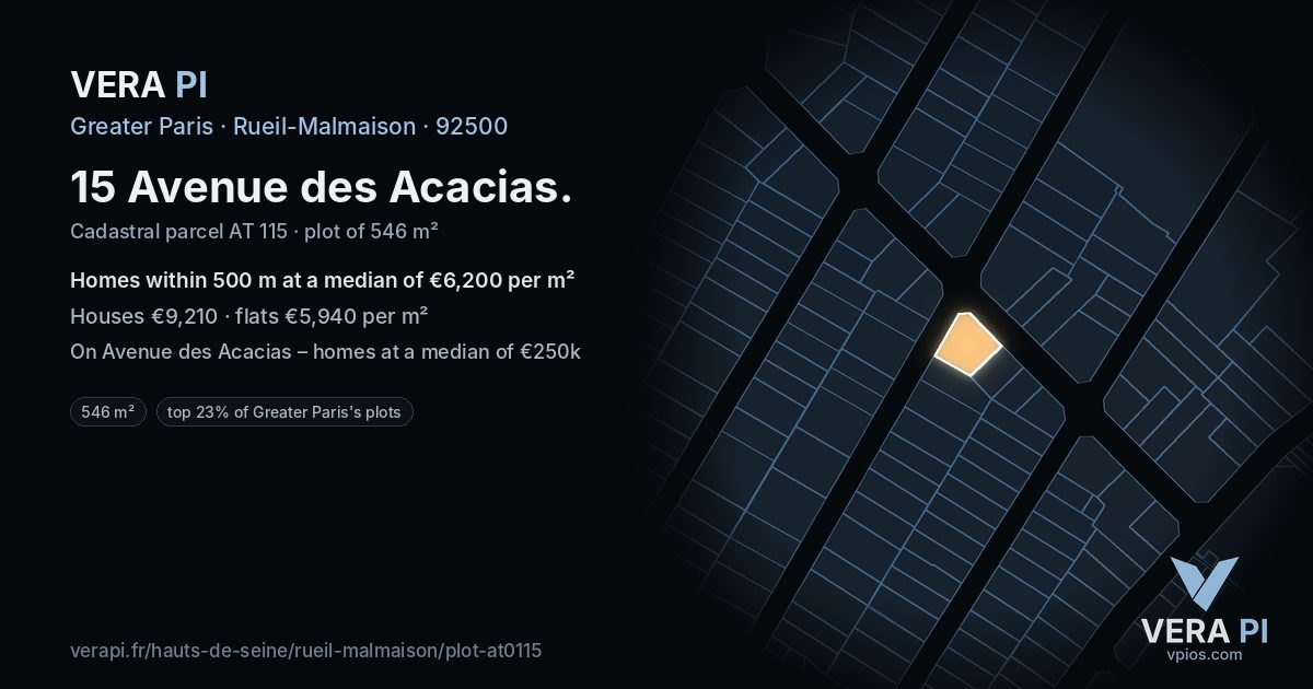 15 Avenue des Acacias, Rueil-Malmaison at night – the plot lit, the parcels around coloured by the prices near them