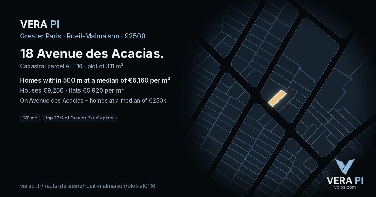 18 Avenue des Acacias, Rueil-Malmaison at night – the plot lit, the parcels around coloured by the prices near them