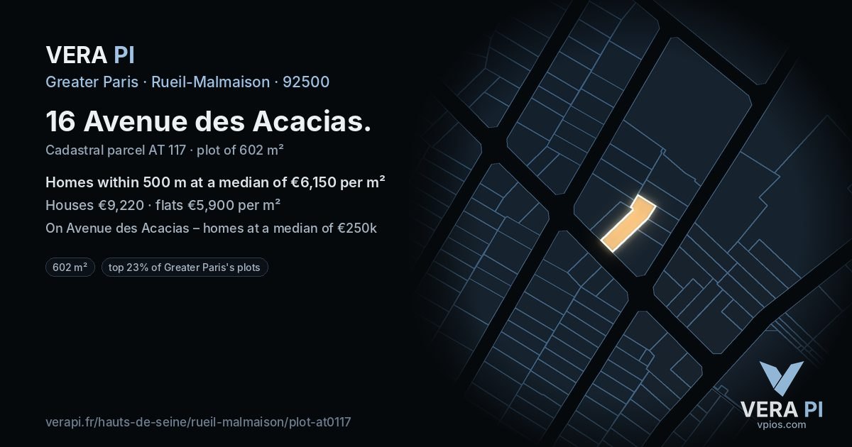 16 Avenue des Acacias, Rueil-Malmaison at night – the plot lit, the parcels around coloured by the prices near them