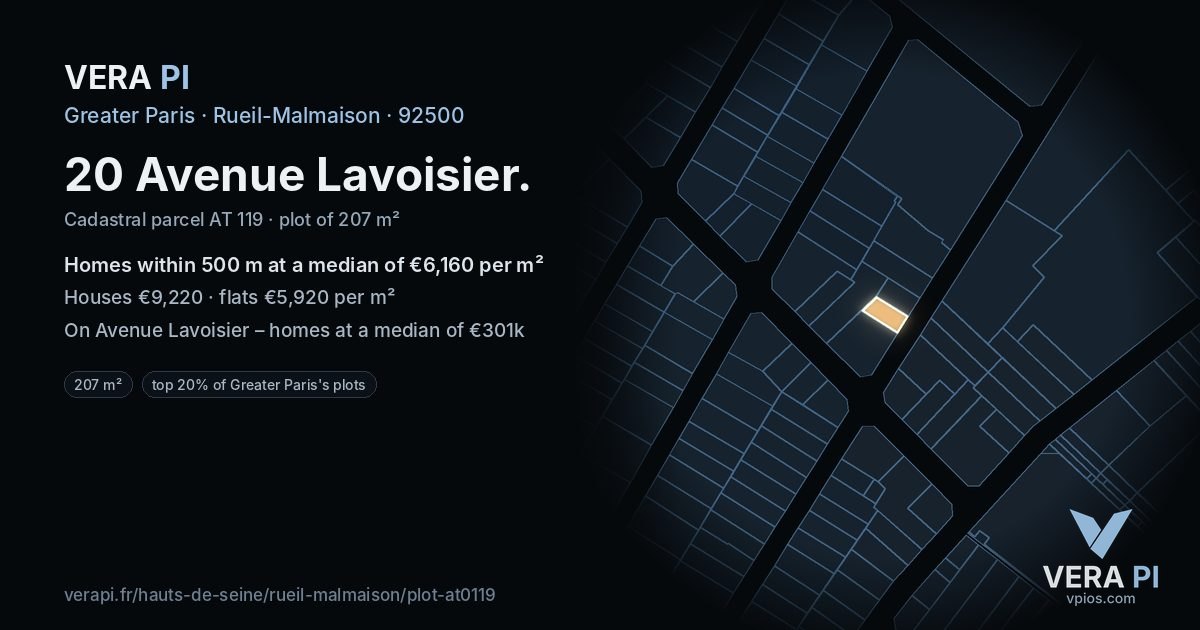 20 Avenue Lavoisier, Rueil-Malmaison at night – the plot lit, the parcels around coloured by the prices near them