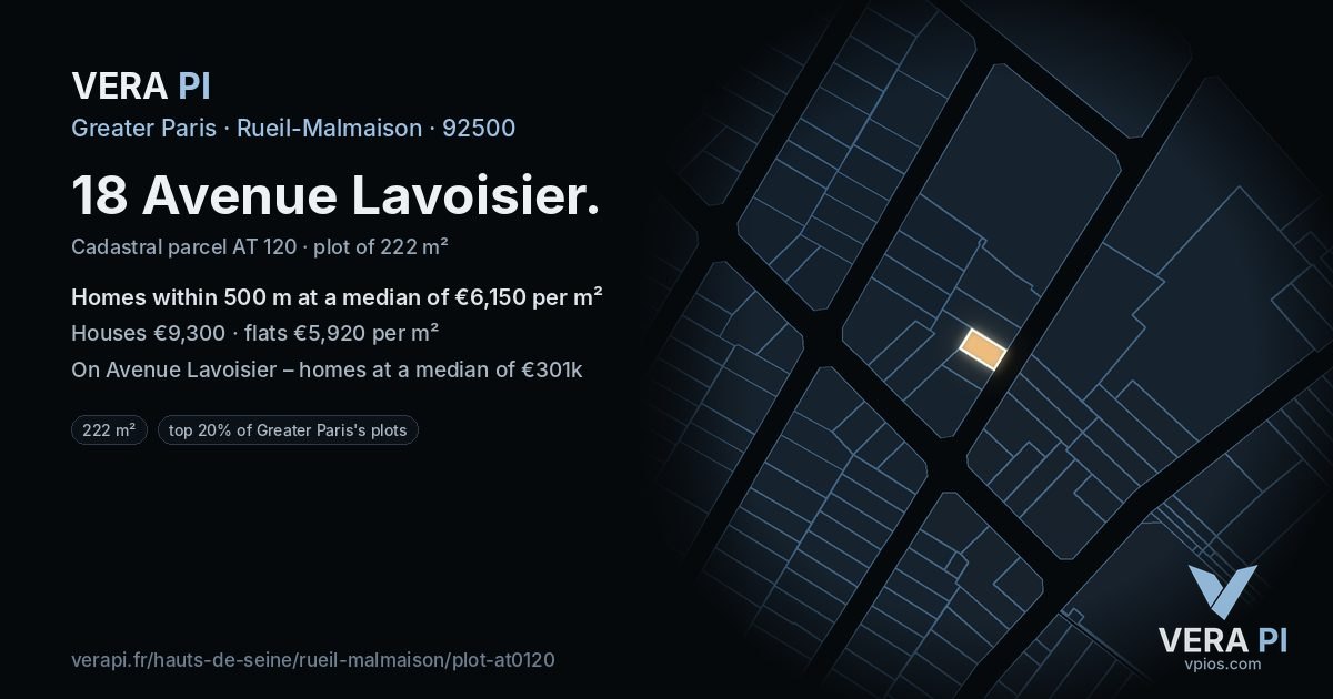 18 Avenue Lavoisier, Rueil-Malmaison at night – the plot lit, the parcels around coloured by the prices near them