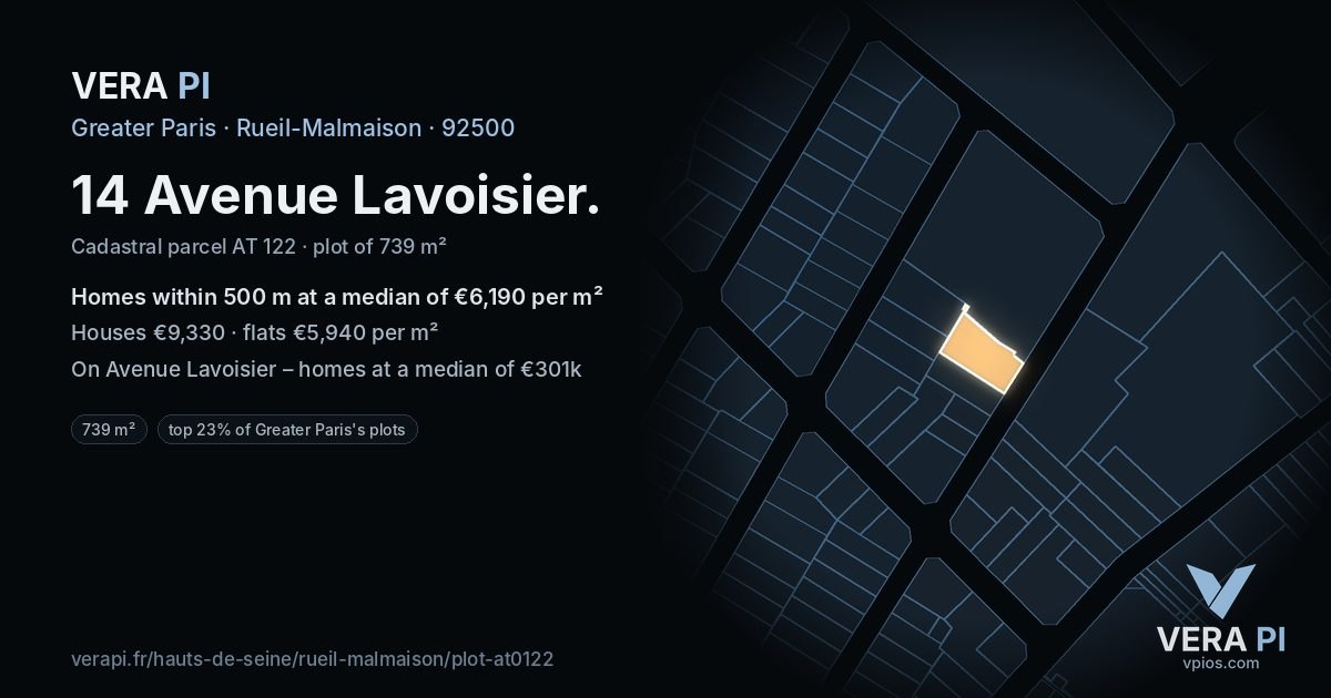 14 Avenue Lavoisier, Rueil-Malmaison at night – the plot lit, the parcels around coloured by the prices near them