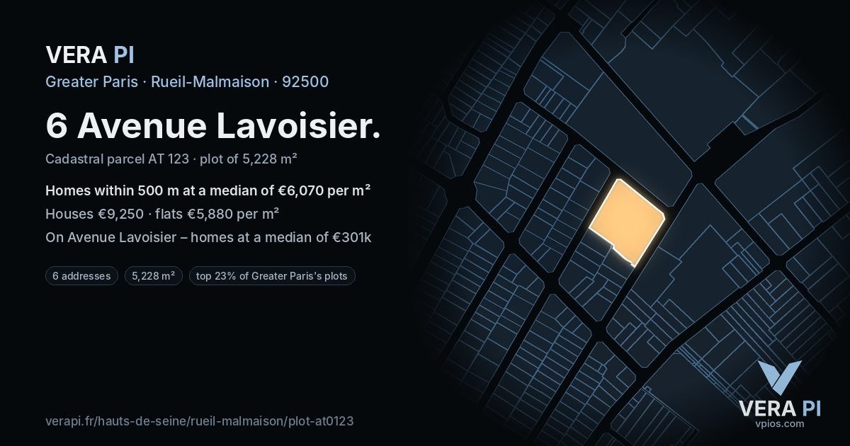 6 Avenue Lavoisier, Rueil-Malmaison at night – the plot lit, the parcels around coloured by the prices near them