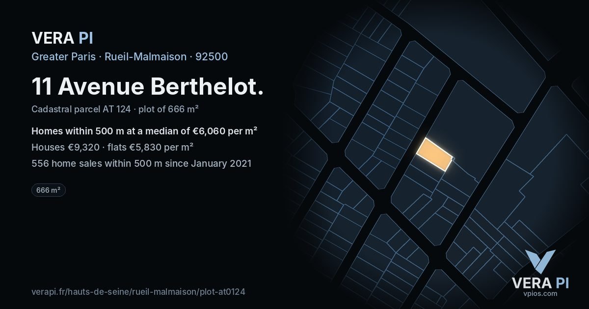 11 Avenue Berthelot, Rueil-Malmaison at night – the plot lit, the parcels around coloured by the prices near them