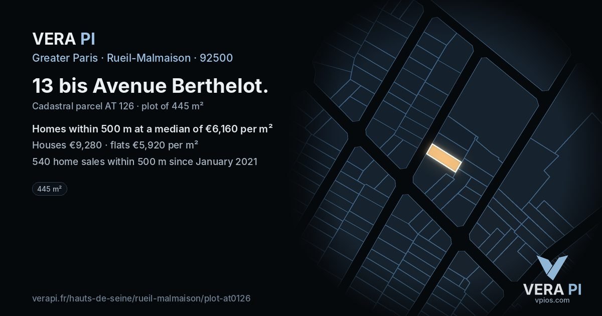 13 bis Avenue Berthelot, Rueil-Malmaison at night – the plot lit, the parcels around coloured by the prices near them